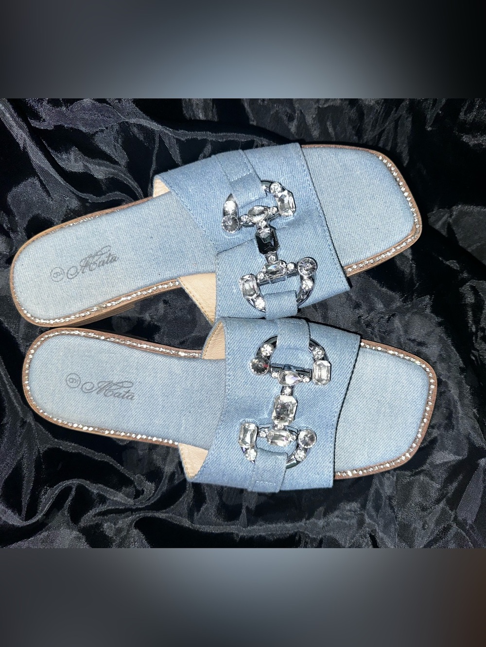 Crystal-Embellished Light Blue Denim Slides